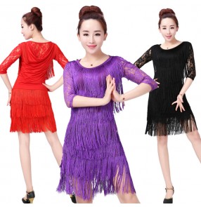Black red purple violet hot pink fuchsia lace fringes patchwork middle long sleeves  women's ladies female competition performance latin salsa cha cha dance dresses  outfits